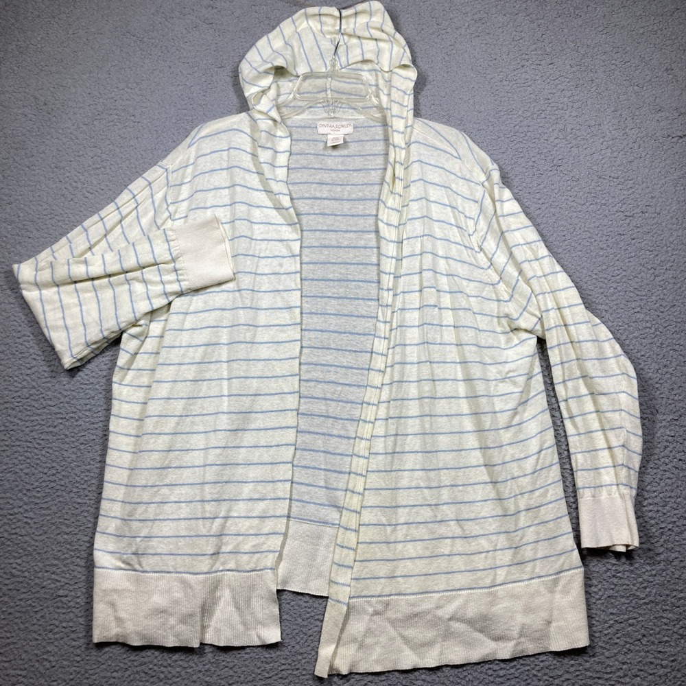 Cynthia Rowley Sweater Women Plus 2X Linen Cream Blue Stripe Open Front Cardigan